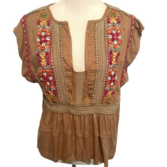 Bl^nk London Sedona Top Womens Medium Mocha Embellished Embroidered Beaded Boho - Picture 2 of 11